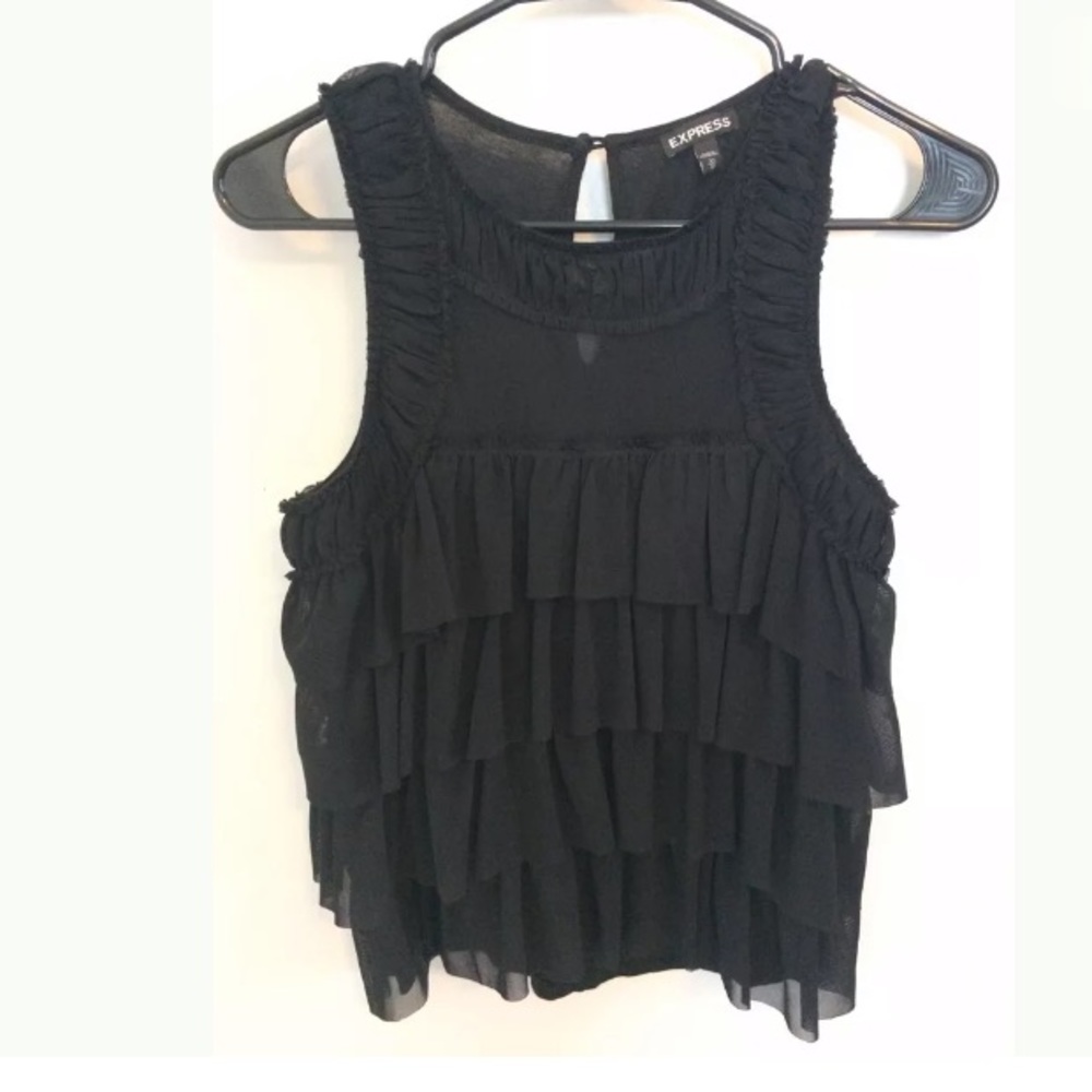 072A NWOT Express Black Chiffon Ruffle Tank Top Size XS